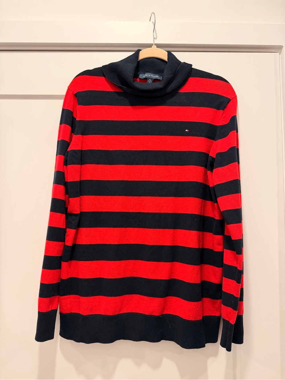 Tommy Hilfiger Men’s Red and Black Striped Turtleneck Sweater